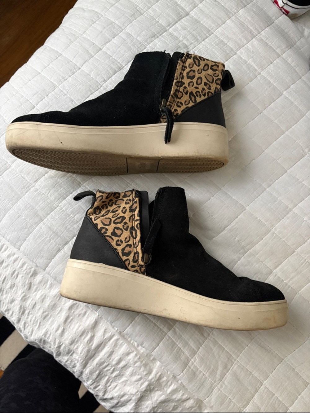 Toms Black Suede Ankle Booties with Leopard Heel Accent